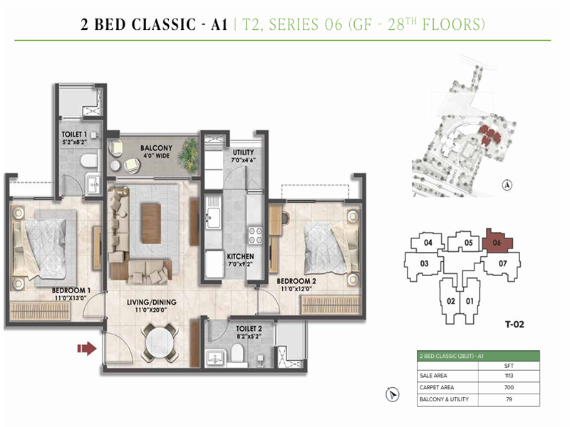 Featured Image of Prestige Fernvale 2 BHK 1113 Sq Ft Floor Plan