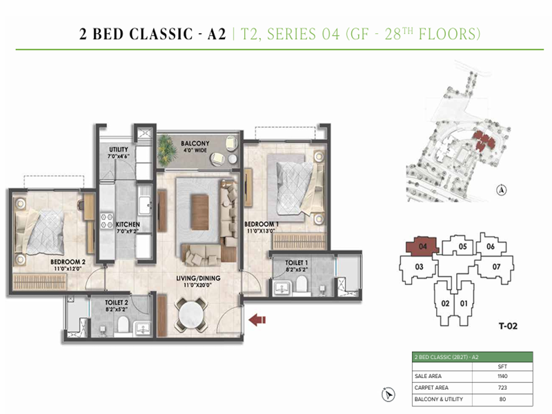 Featured Image of Prestige Fernvale 2 BHK 1140 Sq Ft Floor Plan