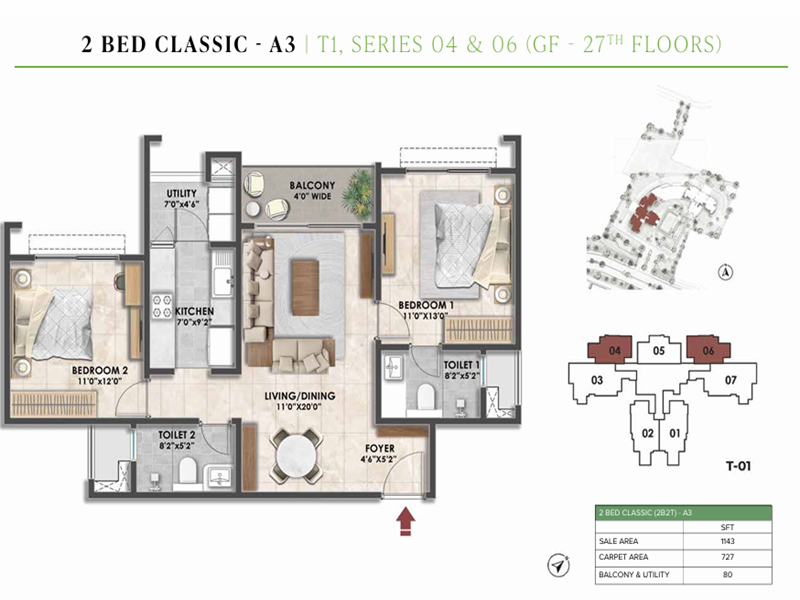 Featured Image of Prestige Fernvale 2 BHK 1143 Sq Ft Floor Plan