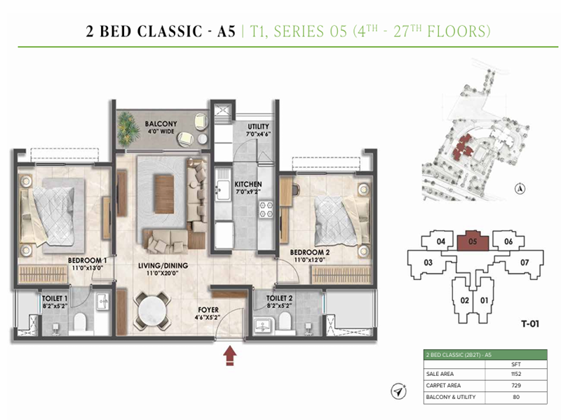 Featured Image of Prestige Fernvale 2 BHK 1152 Sq Ft Floor Plan